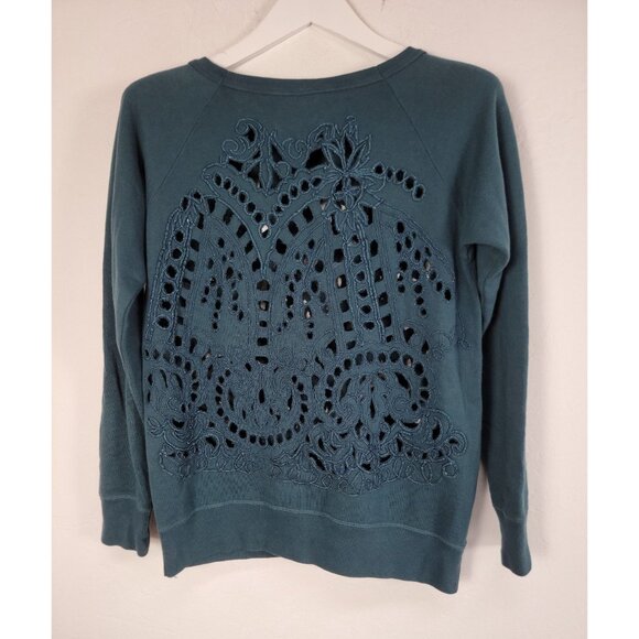 Dries Van Noten Teal Cotton Embroidered Cutout Lace Sweatshirt Womens Small - Picture 2 of 9